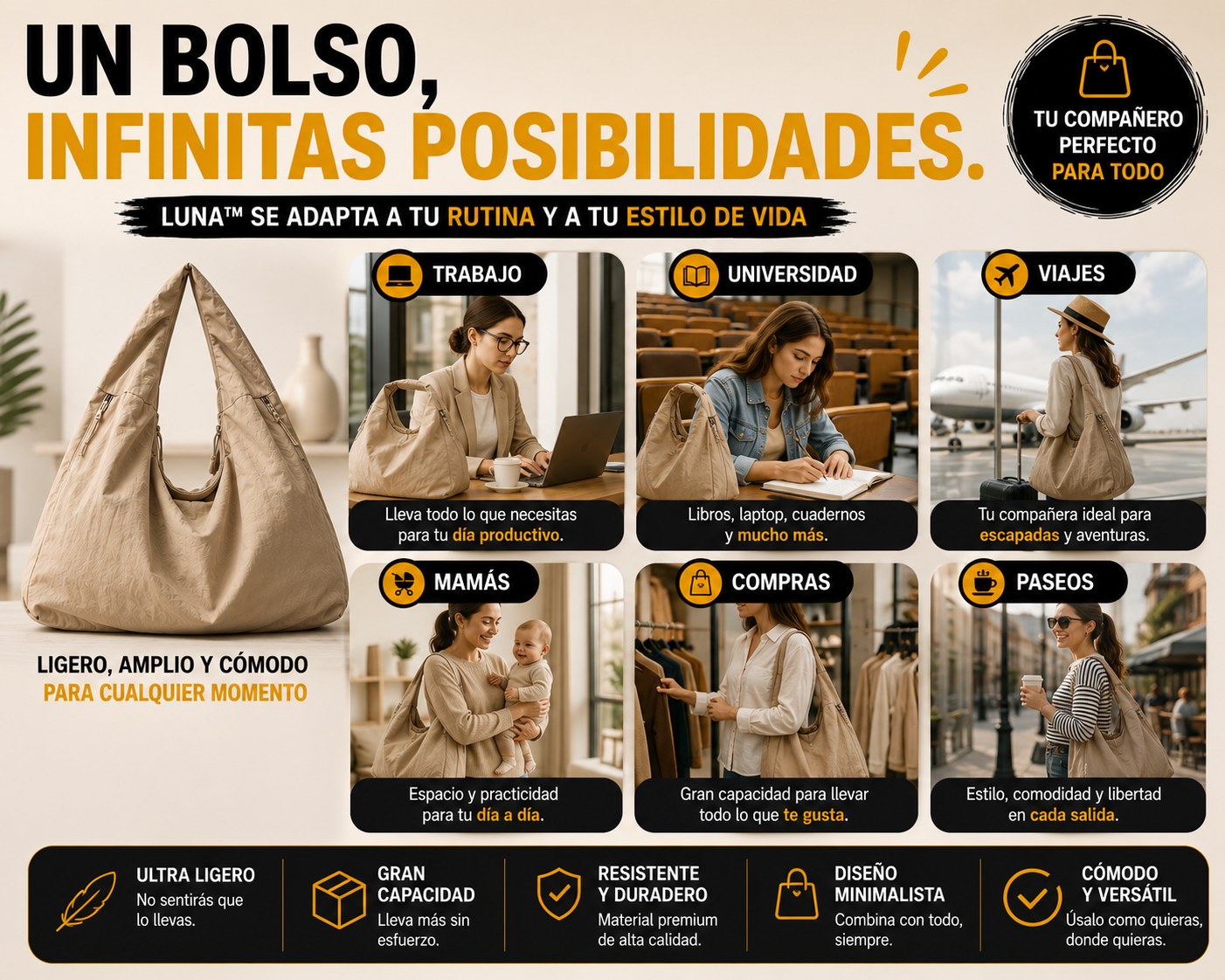 LUNA™ Sistema de Confort Diario - El bolso que te acompaña durante todo el día sin sentirse pesado.