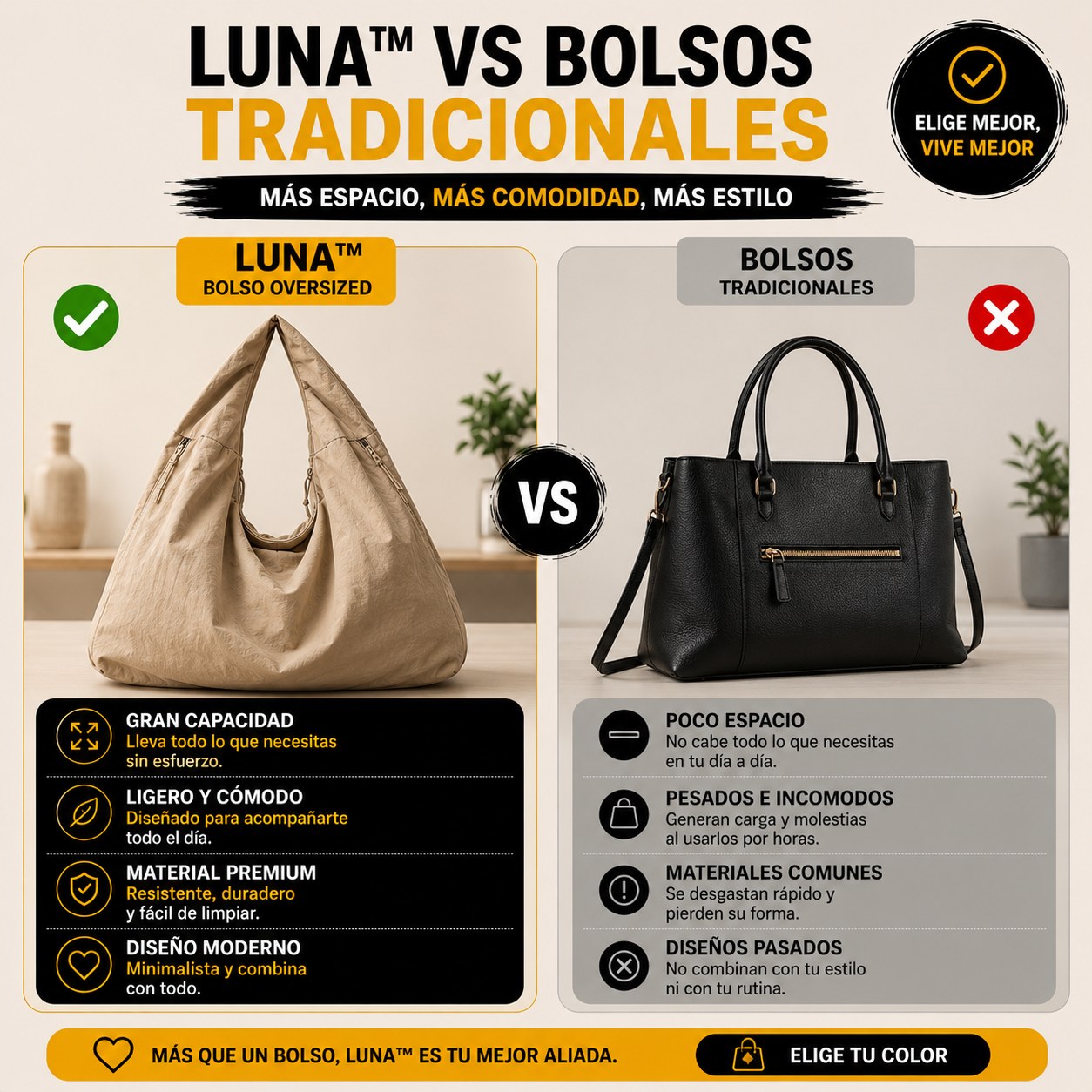 LUNA™ Sistema de Confort Diario - El bolso que te acompaña durante todo el día sin sentirse pesado.