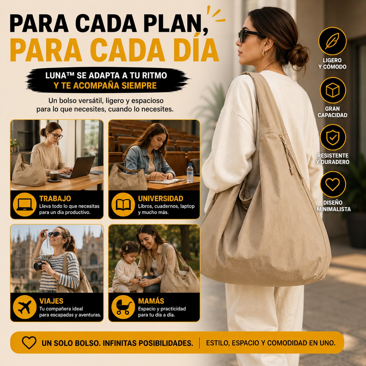 LUNA™ Sistema de Confort Diario - El bolso que te acompaña durante todo el día sin sentirse pesado.