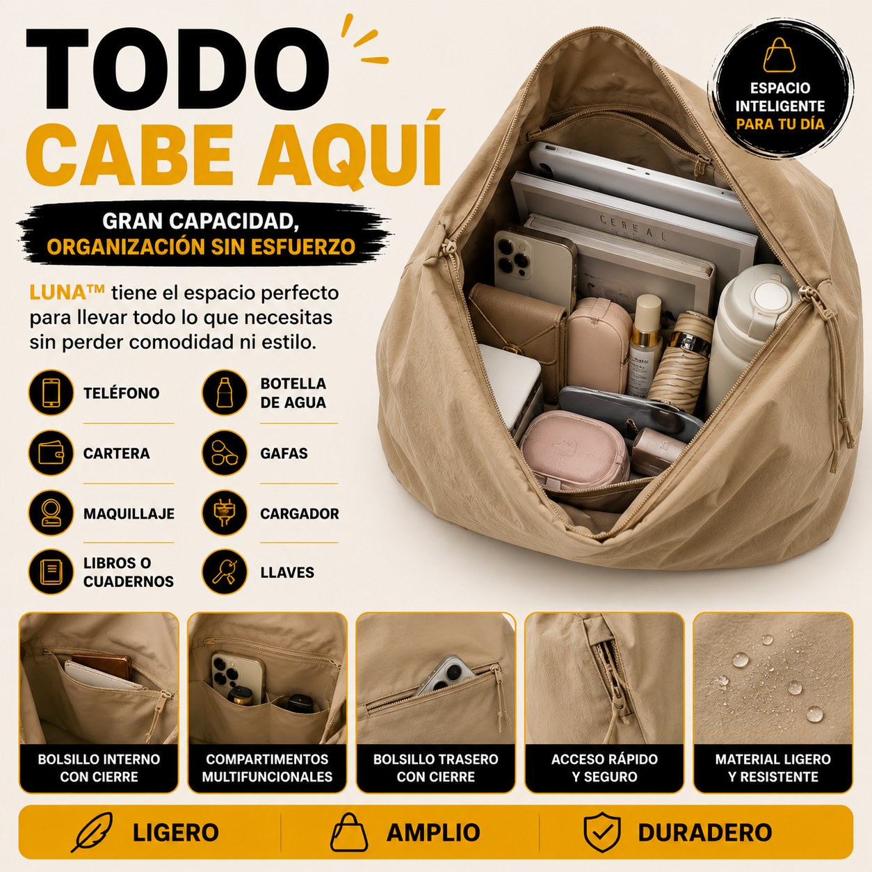 LUNA™ Sistema de Confort Diario - El bolso que te acompaña durante todo el día sin sentirse pesado.